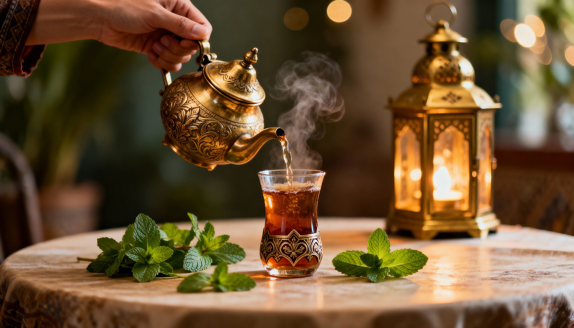 Thé à la menthe servi dans des verres décorés